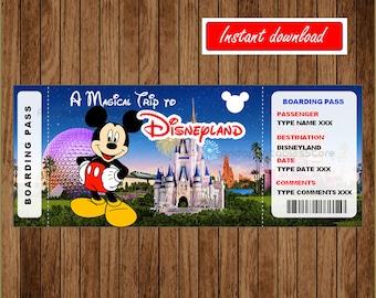 印刷可能なディズニーランドサプライズ旅行、ギフト、ディズニーランドへのサプライズ旅行、ミッキーチケット、編集可能、即時ダウンロード
