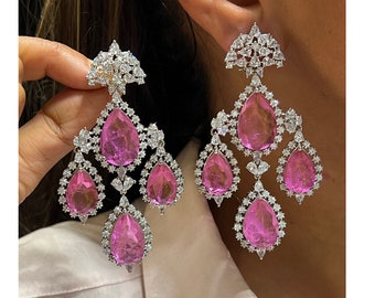 Nova Pink Pariba Orecchini lampadario con diamanti Orecchini indiani Gioielli indiani Gioielli pakistani Orecchini Hollywood Dichiarazione di diamanti americani