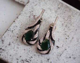 Emerald Enamel Earrings • Statement Jewelry • Indian Jewelry • Indian Earrings • American Diamond Earrings • Green Earrings