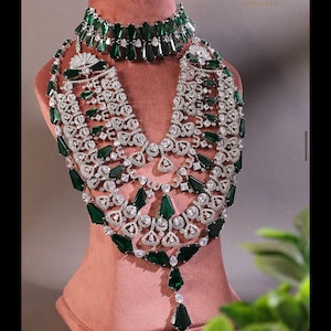 Kiara Advani Bridal Set Emerald CZ Necklace Indian Bridal Jewelry Indian Jewelry Emerald Diamond Necklace American Diamond Necklace Set CZ