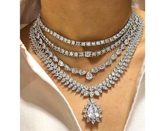 Multilayer Diamond CZ Necklace Statement Jewelry Statement Necklace American Diamond Necklace Indian Jewelry Necklace Set