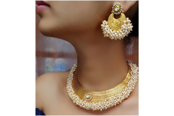 Gold Necklace Set With Pearls Indian Necklace Ethnic Necklace