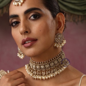 Zia Antique Gold Polki Choker with chaandbali and tikka / Antique Gold Choker/ Indian Choker Necklace/ Pakistani jewelry/ Indian jewelry