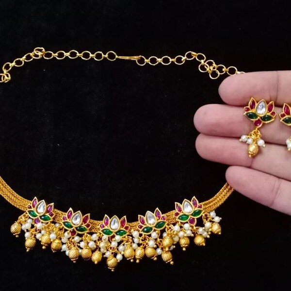 Lotus Kundan Necklace•  Indian Jewelry Indian Necklace Set •  Kundan Choker South Jewelry • One Gram Gold Jewelry