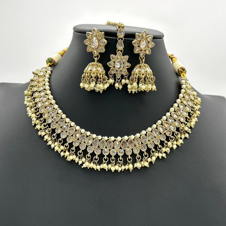 Zoe Gold Polki Necklace with Jhumkey and tikka / Antique Gold Necklace with Tikka/ Indian Jewelry/ Bollywood Jewelry/ Pakistani Jewelry image 8