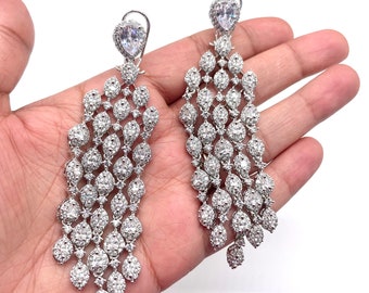 Waterfall CZ Diamond Earrings Crystal Jewelry Statement Earrings Indian Bollywood Earrings Dangle Punjabi Earrings American Diamond Long