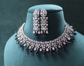 June Silver Sapphire Diamond Necklace / Statement Jewelry/ Statement Necklace/ Elegant Jewelry/ Unique Jewelry/ Indian Jewelry/ CZ choker