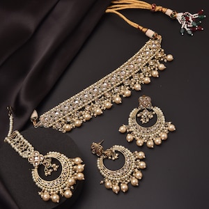Ziva Gold Polki Choker with chaandbali and tikka/Indian Choker Necklace/ Pakistani jewelry/ Indian jewelry image 2