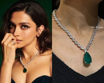 Emerald Doublet Pendant CZ Necklace Emerald Statement Necklace American Diamond Emerald Diamond Necklace Crystal Necklace Indian CZ Set