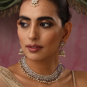 Zoe Gold Polki Necklace with Jhumkey and tikka / Antique Gold Necklace with Tikka/ Indian Jewelry/ Bollywood Jewelry/ Pakistani Jewelry image 5