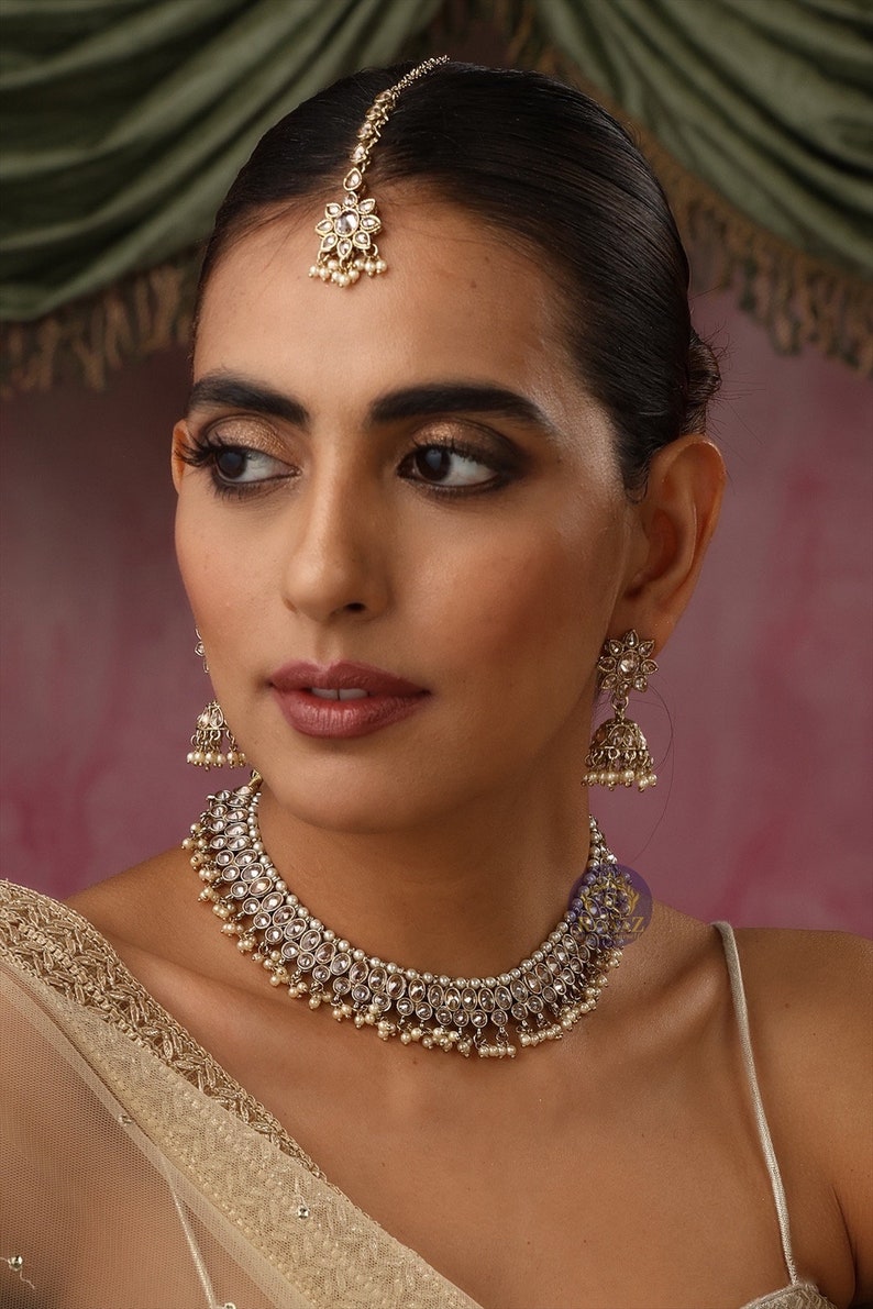 Zoe Gold Polki Necklace with Jhumkey and tikka / Antique Gold Necklace with Tikka/ Indian Jewelry/ Bollywood Jewelry/ Pakistani Jewelry image 5