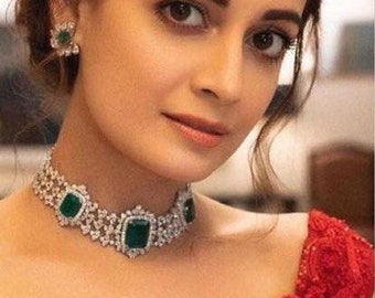 Emerald Diamond CZ Choker | Indian Jewelry | Sabyasachi Necklace | Indian Choker | CZ Choker | Crystal Choker | Pakistani Jewelry | Green