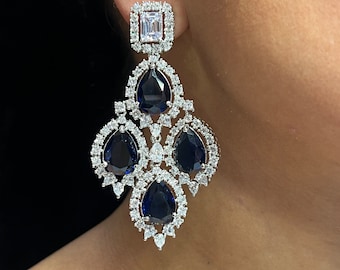 Cia Sapphire Baguette CZ Diamond Chandelier Earrings/ Indian Earring / Indian Jewelry Pakistani Jewelry American Diamond Earrings CZ Earring