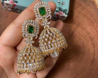 Gold Emerald CZ Jhumka | Indian Jewelry | Pakistani Jewelry | Jhumkas | Indian Earrings | Punjabi Jewelry | CZ Earrings | Diamond Jhumka