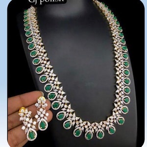 April Gold Emerald CZ long Necklace with Earrings / Long Indian Necklace/ Indian Jewelry/ Green Long Necklace/ Pakistani Jewelry