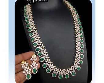 April Gold Emerald CZ long Necklace with Earrings / Long Indian Necklace/ Indian Jewelry/ Green Long Necklace/ Pakistani Jewelry