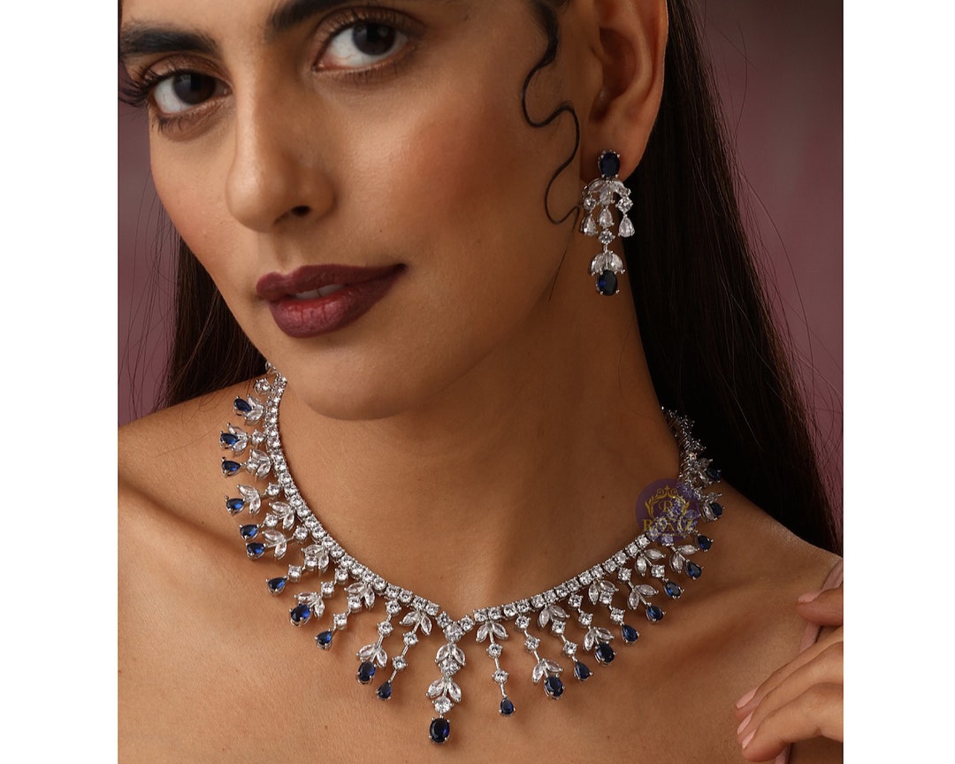 Sapphire Blue CZ Necklace Set American Diamond Necklace Crystal