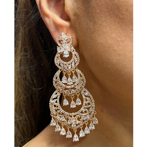 Pendientes de diamantes de oro rosa CZ Chaandbali Pendientes de declaración de joyería india Pendientes Jhumka Pendientes de diamantes americanos Bollywood paquistaní imagen 2
