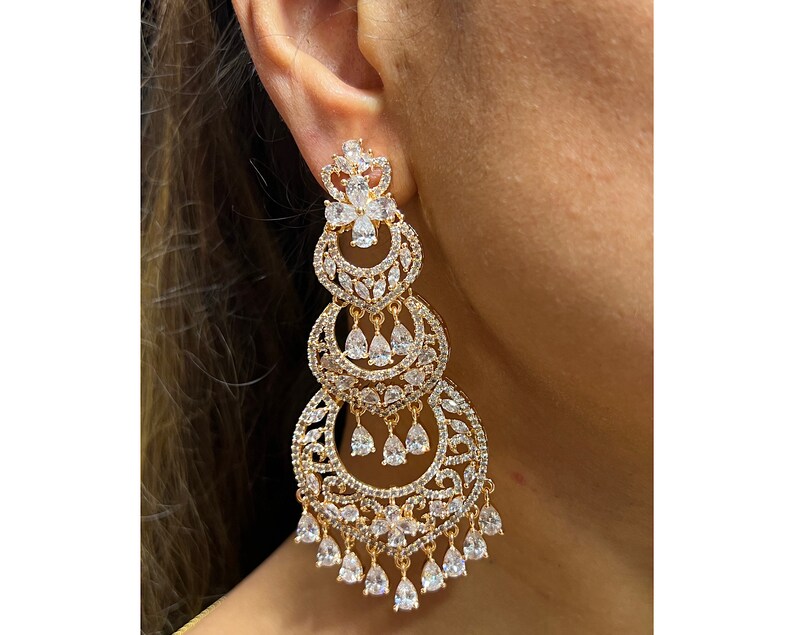 Pendientes de diamantes de oro rosa CZ Chaandbali Pendientes de declaración de joyería india Pendientes Jhumka Pendientes de diamantes americanos Bollywood paquistaní imagen 2