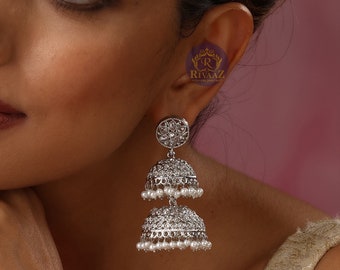 Silber Polki Jhumkas Leichter indischer Schmuck Lange Jhumka Ohrringe Indische Hochzeit Silber Ohrringe Bollywood Schmuck Pakistanische Schmuck