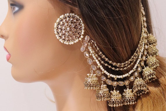 Gold Plated Kundan Bahubali Earrings with Hair Chain for Women | RAW UNITE