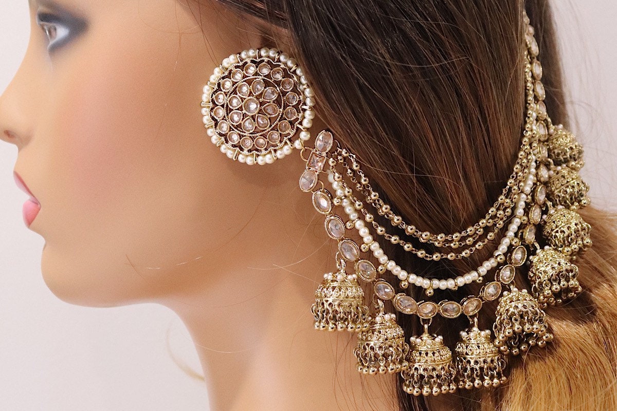 Traditional Gold Plated Floral Design Stud With Three Layered Pearls  Hanging Jhumkas Hair Chain Bahubali Earrings