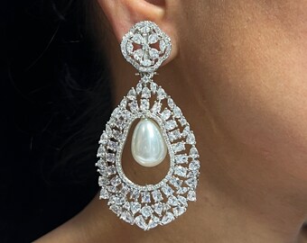 CZ Pearl Diamond Chandbali Pearl Earrings American Diamond Pakistani Earrings CZ Earrings Chaandbali Indian Earrings Pakistani Jewelry