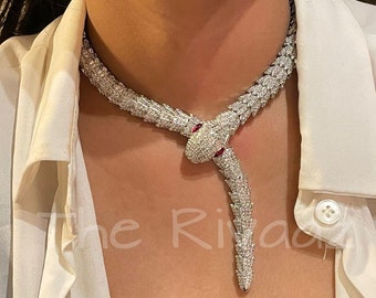 Snake Necklace CZ Snake Necklace Serpent Silver Snake Jewelry Snake Statement Necklace Statement Jewelry Crystal