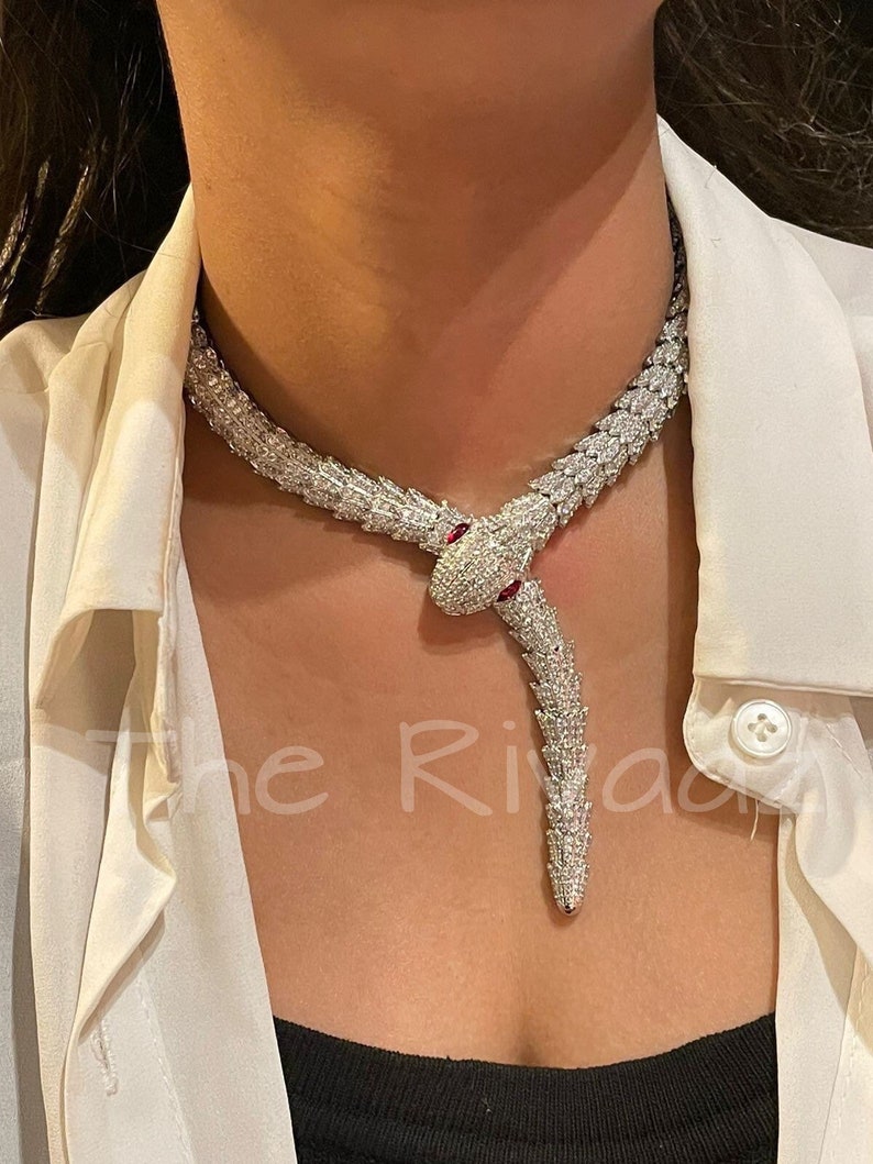 Snake Necklace CZ Snake Necklace Serpent Silver Snake Jewelry Snake Statement Necklace Statement Jewelry Crystal image 1