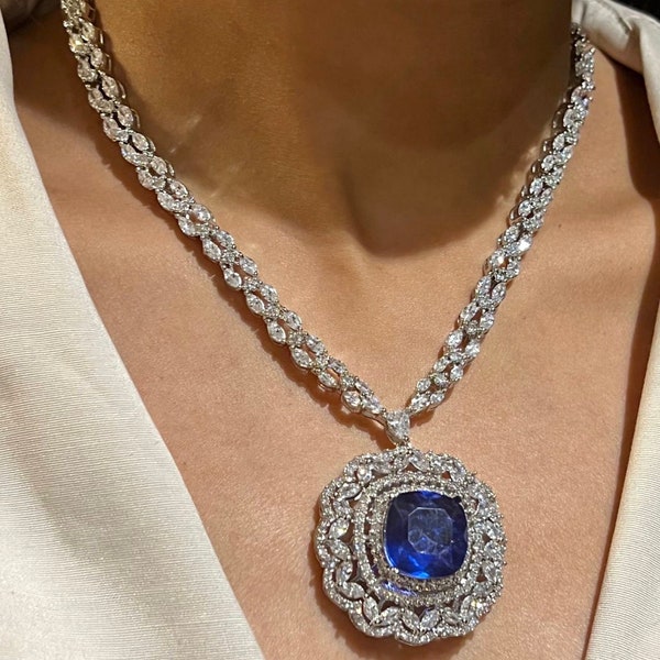 Keri Sapphire Blue CZ Pendant Necklace Indian Jewelry Pakistani Jewelry Statement Jewelry American Diamond Necklace Sari Necklace Rani Haar