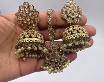 Polki Jhumka Tikka Set/ Indian Jewelry/ Pakistani Jewelry/ Punjabi Jewelry/ Bollywood jewelry/ Maangtikka/ Jadau Jewelry