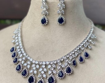 May Sapphire Diamond Necklace / Statement Jewelry/ Statement Necklace/ Elegant Jewelry/ Unique Jewelry/ Indian Jewelry/ CZ choker Necklace