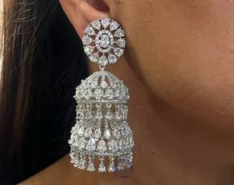 Diamond Jhumka Silver Indian Earrings Jhumkas Double Jhumka Bollywood Jewelry
