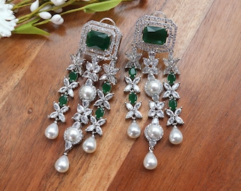 Vanya Emerald CZ Pearl Dangle Earrings / Indian Jewelry / Pakistani Jewelry / Punjabi Jewelry/ Bollywood Jewelry/ Sabyasachi