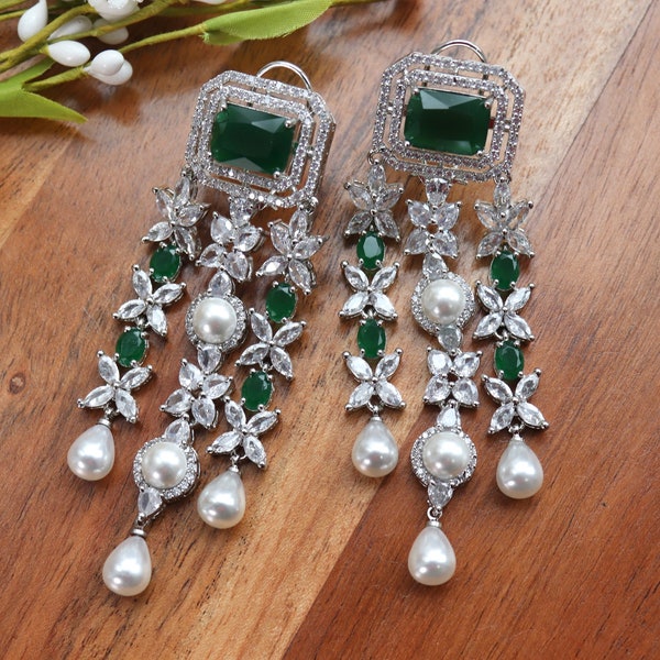 Vanya Emerald CZ Pearl Dangle Earrings / Indian Jewelry / Pakistani Jewelry / Punjabi Jewelry/ Bollywood Jewelry/ Sabyasachi