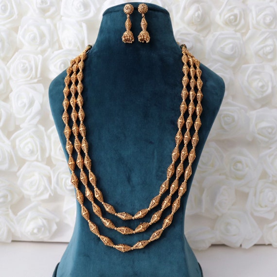 3 Layer Long Gold Beaded Necklace 
