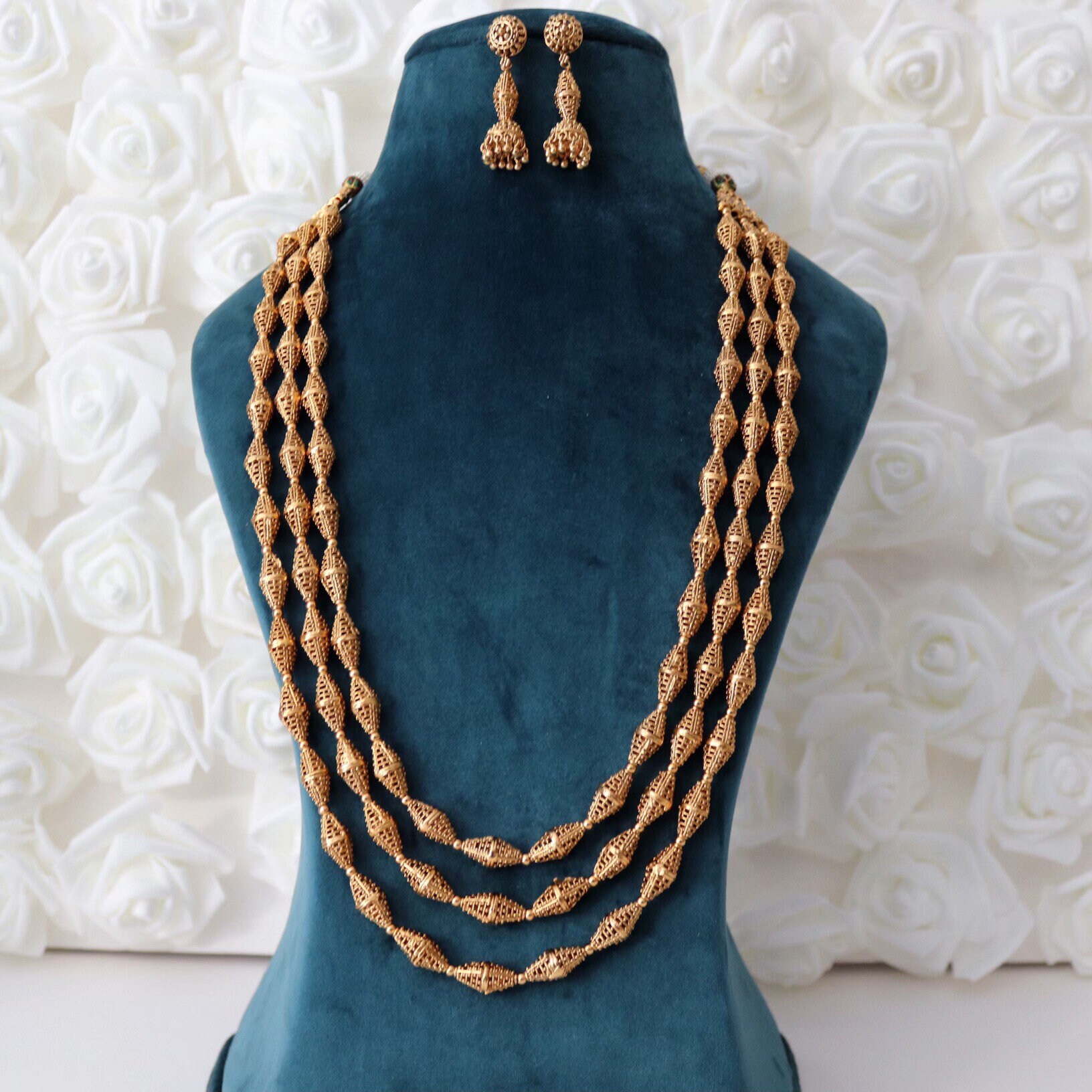3 Layer Long Gold Beaded Necklace 