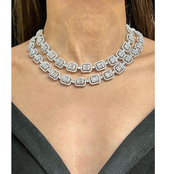 Baguette Layered CZ Diamond Necklace American Diamond Necklace White Rhodium Cubic Zirconia Necklace Necklace Indian Jewelry Pakistani Prom