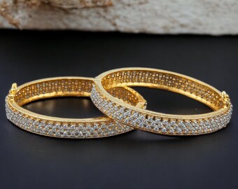 Openable Gold Diamond Bangle Pair  CZ bangles Indian Jewelry Pakistani Jewelry Bollywood Jewelry Bangles Crystal Bangle Indian Bangle