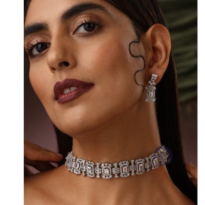 CZ Diamond Choker Necklace with Earring | Indian jewelry | Indian CZ  Choker | Indian Choker | Pakistani jewelry | Indian Necklace Set