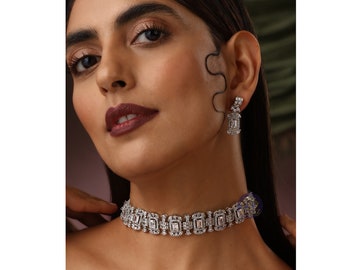 CZ Diamond Choker Necklace with Earring | Indian jewelry | Indian CZ  Choker | Indian Choker | Pakistani jewelry | Indian Necklace Set