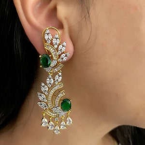 Emerald Gold CZ Diamond Earrings| Statement Earrings Indian Earring Indian Jewelry Crystal Earrings| Bollywood Earrings Pakistani Jewelry