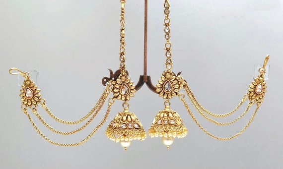 Gold Plated Pearl & Kundan Bahubali Earrings with Hair Chain for Women/Bahubali  earrings for women