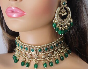 Ziva Emerald Green Polki Choker Set • Indian Jewelry•Punjabi Jewelry • Pakistani jewelry • Indian necklace • Pakistani Choker Indian Choker