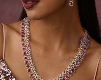 April Silver Ruby CZ long Necklace with Earrings  Long Indian Necklace Indian Jewelry Red Long Necklace Pakistani Jewelry Necklace Rani Haar