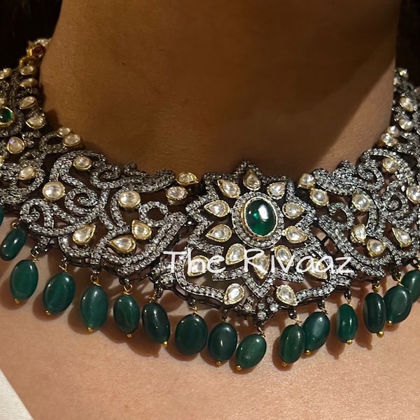 Victorian Necklace Emerald Green Indian Necklace Sabyasachi Inspired Necklace Sabhyasachi Necklace Bollywood Jewelry Indian Necklace Set
