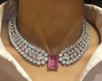 Christie Lavender Purple Diamond Necklace CZ Necklace American Diamond Necklace Statement Jewelry Statement Necklace Indian Necklace