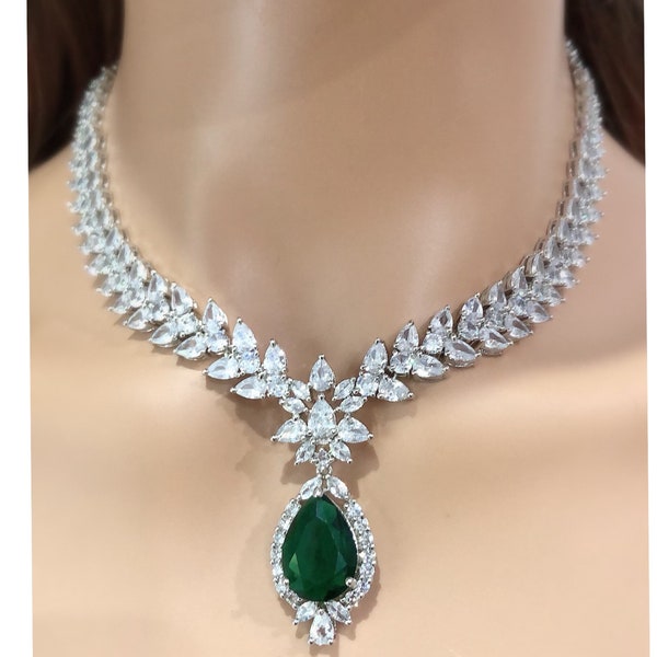 Jan Emerald Cubic Zirconium Necklace | CZ Necklace | Crystal Necklace | Statement Jewelry | Statement Necklace | Indian Necklace