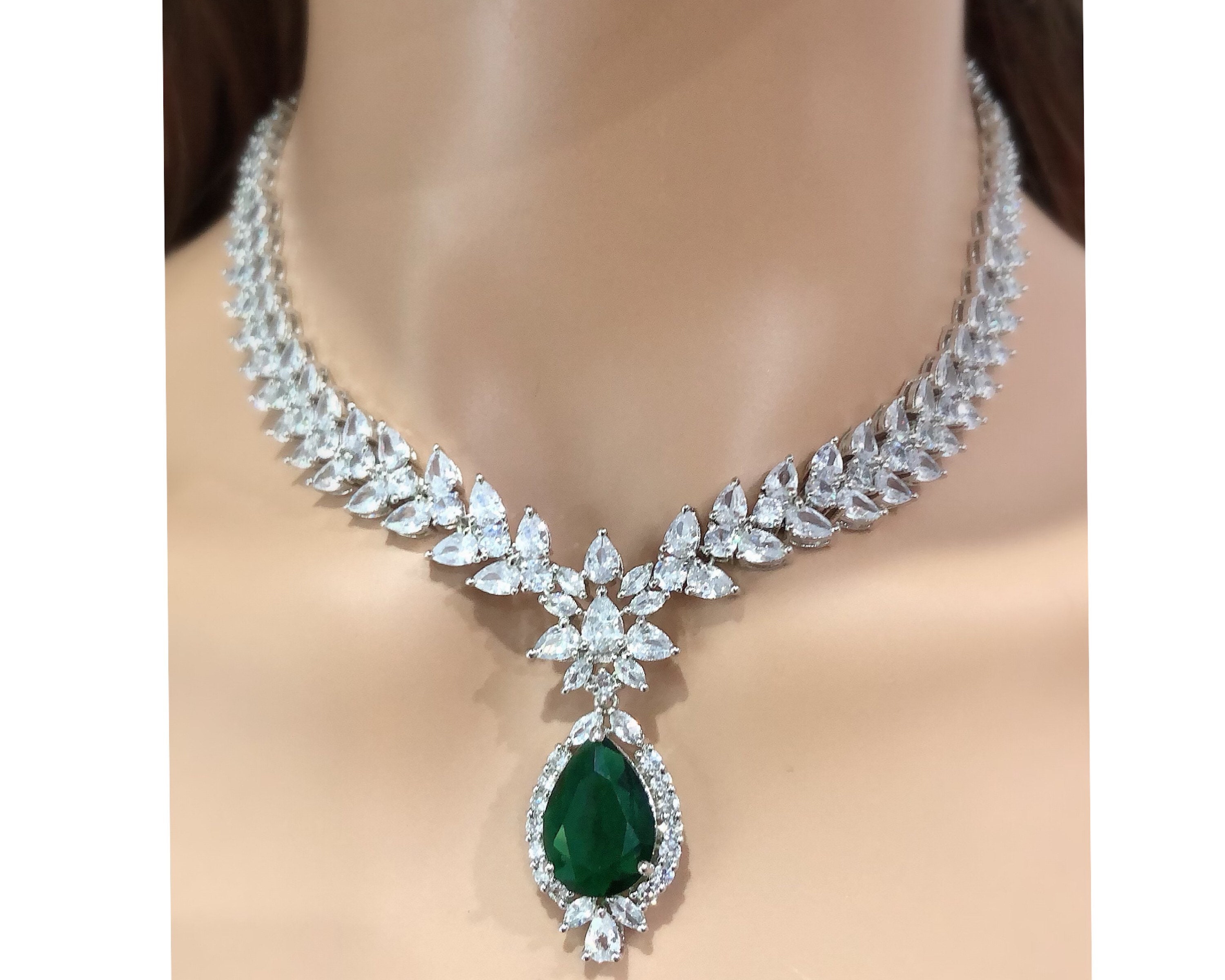 Jan Emerald Cubic Zirconium Necklace CZ Necklace Crystal Necklace