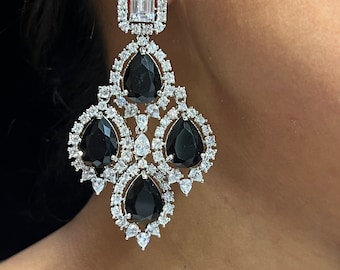 Cia Black Baguette CZ Diamond Chandelier Earrings/ Indian Earring / Indian Jewelry Pakistani Jewelry American Diamond Earrings CZ Earring
